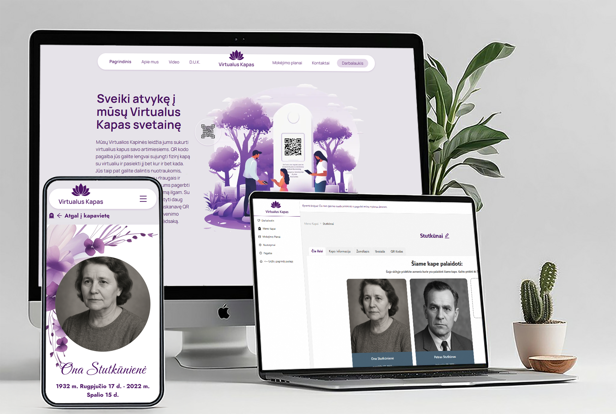 VirtualusKapas.lt svetainės peržiūra – virtuali kapavietė telefone ir kompiuteryje su QR kodo funkcija