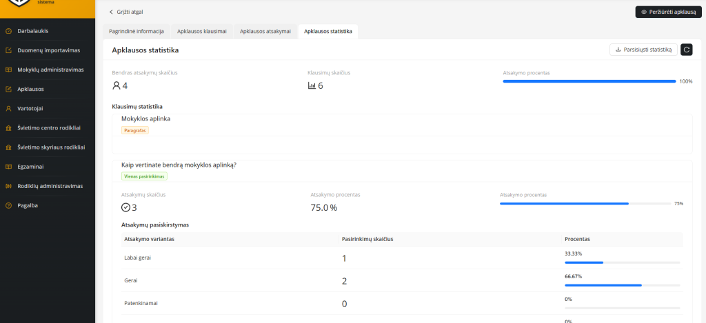 VKSIS apklausos statistikos ekranas su atsakymų skaičiumi, procentais ir atsakymų pasiskirstymu pagal variantus