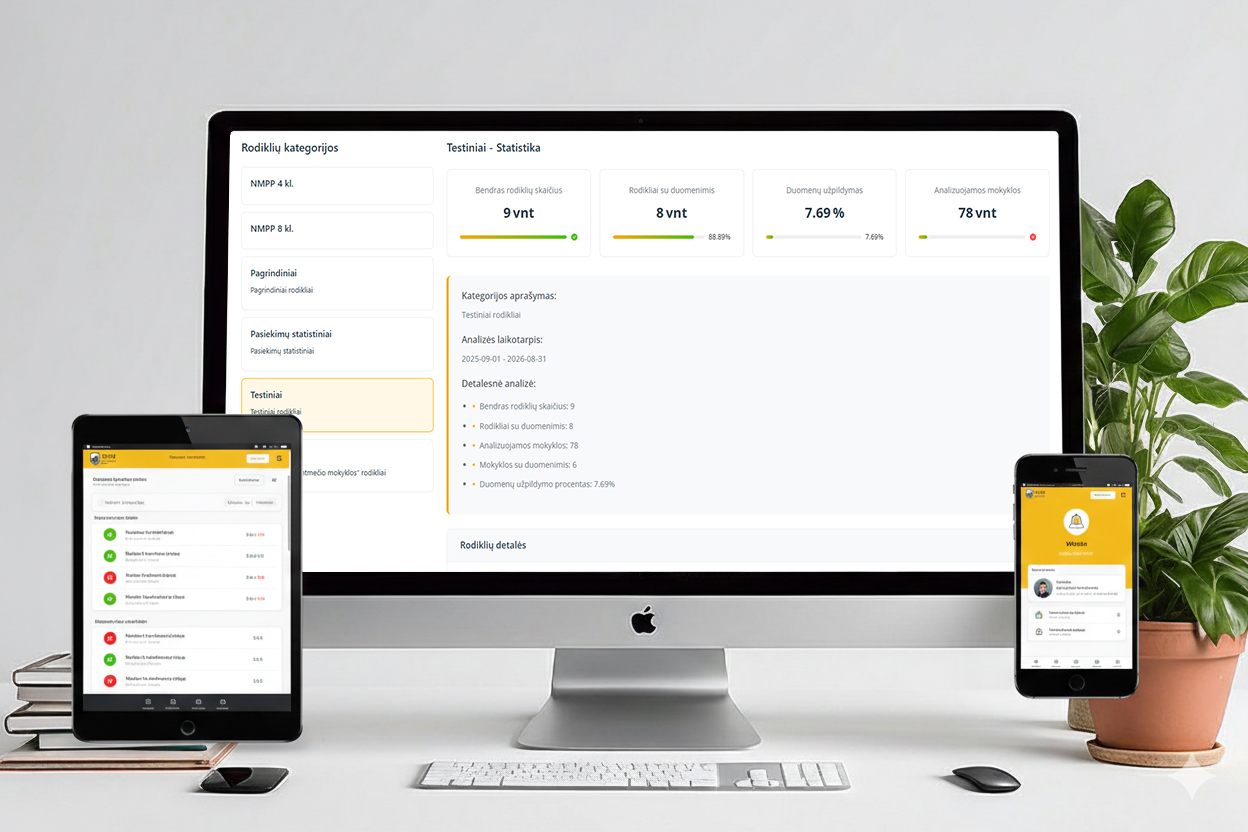 Švietimo stebėsenos informacinės sistemos VKSIS rodiklių ir statistikos valdymo sąsaja, rodoma darbalaukio, planšetės ir mobiliojo įrenginio ekranuose