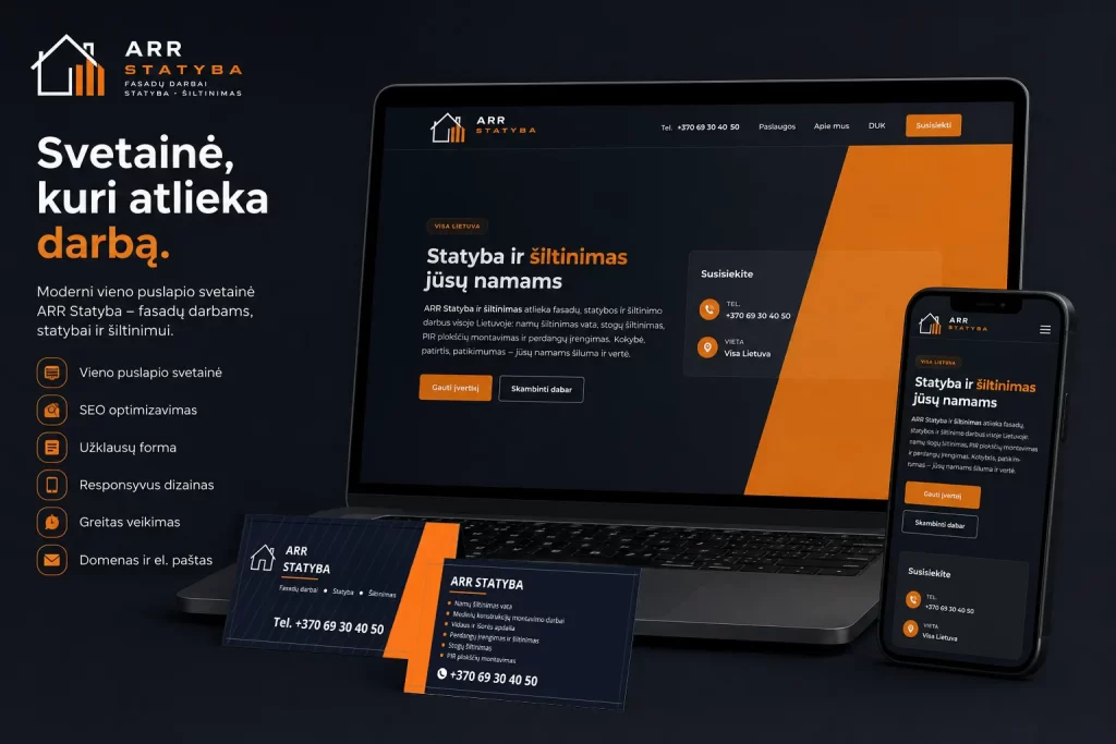 ARR Statyba interneto svetainės ir vizitinių kortelių dizaino projektas, vaizduojantis responsyvią vieno puslapio svetainę nešiojamame kompiuteryje ir telefone.